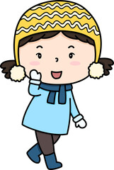 Cute winter girl wearing yellow hat and blue scarf smiling happily in cold weather