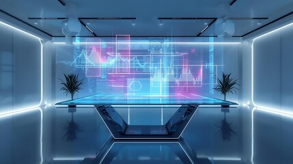 Augmented reality interface projected above glass desk, futuristic workspace