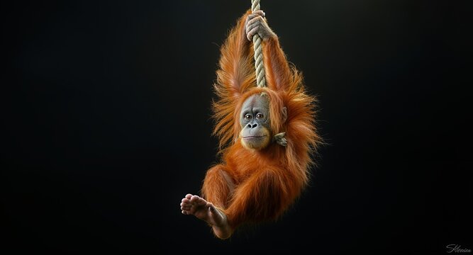 A juvenile primate hanging from a rope, detailed close-up.