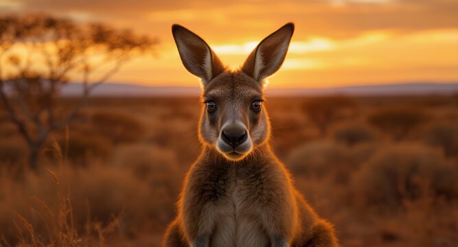 A Kangaroo at Golden Hour Sunrise in Outback Landscape - Powered by Adobe