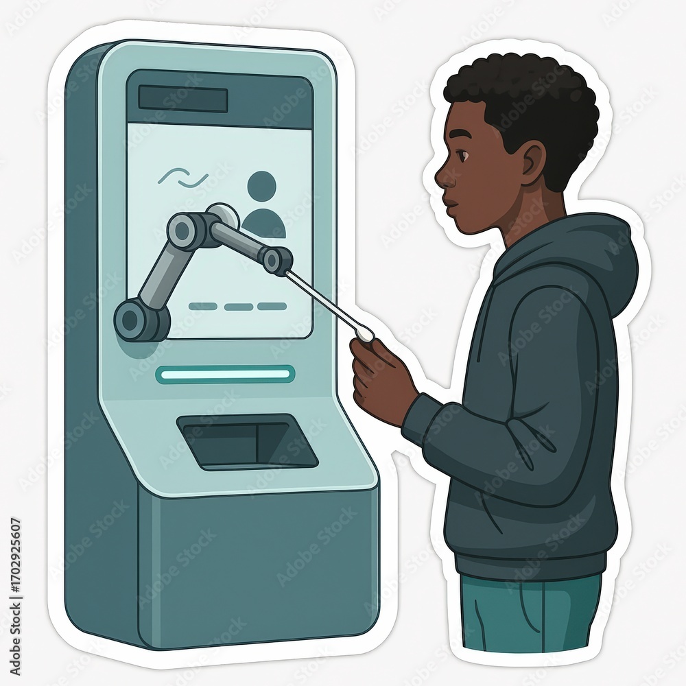 Poster engaging young male interacting with a robotic kiosk demonstrating advancements in technology and hu