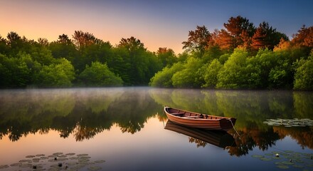 Obraz premium Serene Morning on a Calm Lake.