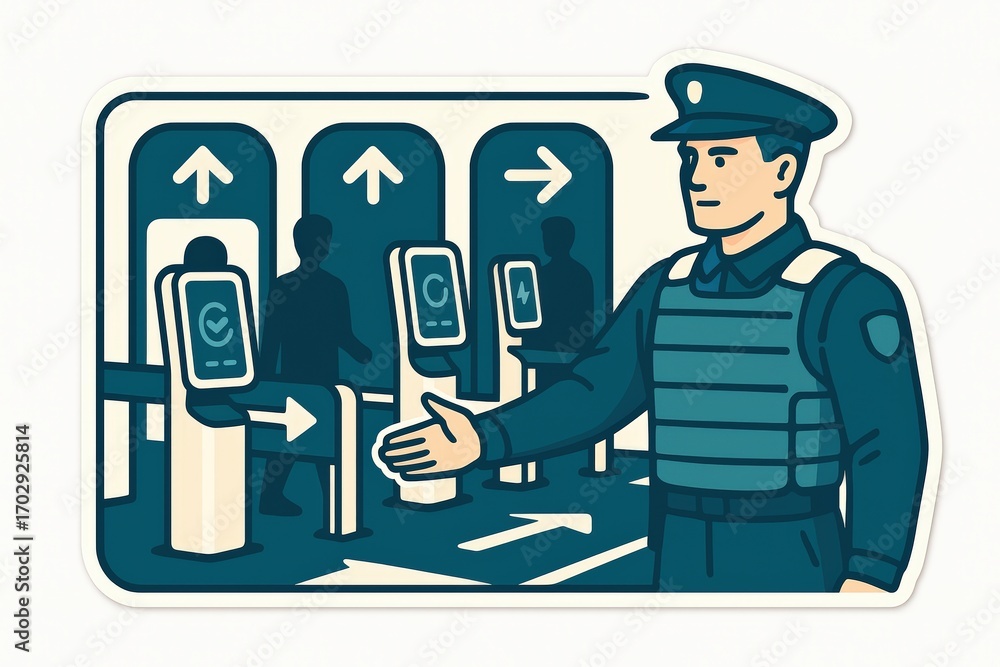 Poster A security officer confidently guiding individuals through an advanced checkpoint system with digital interfaces and directional signage reflecting modern safety protocols and streamlined