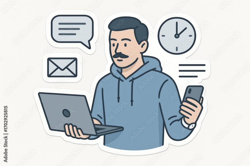 Poster Focused young man managing tasks while engaged with laptop phone and digital notifications in an analytical workspace showcasing productivity and multitasking efficiency