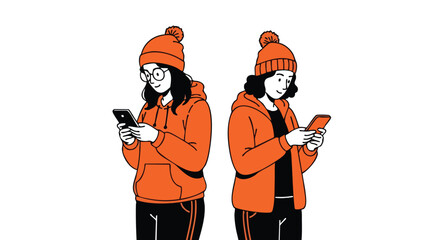 Two stylish women engrossed in their smartphones, creating a modern connection in casual winter wear