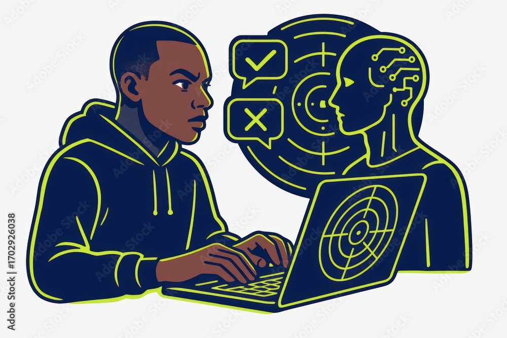 Poster engaging young man deeply focused on innovative artificial intelligence interaction analyzing techno