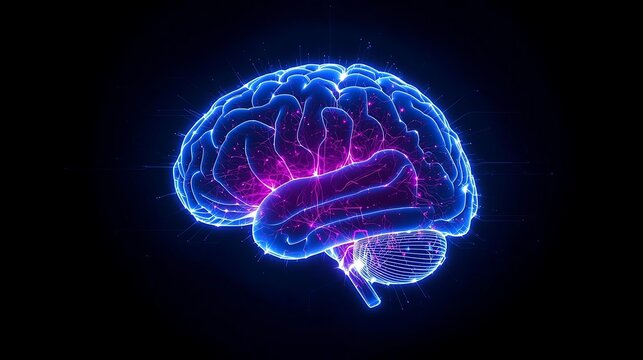 Futuristic glowing hologram of artificial intelligence brain on dark background - Powered by Adobe