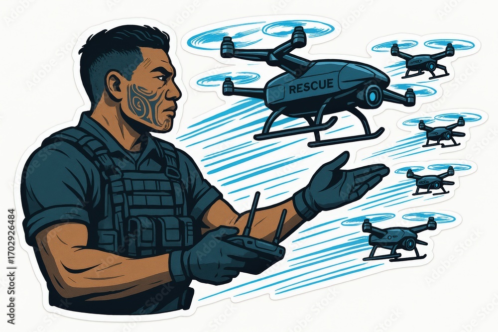 Poster Resilient operator demonstrating advanced technology as he controls multiple rescue drones in action showcasing the intersection of human bravery and innovation in emergency response strategies