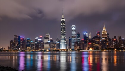 Obraz premium City Skylines with Reflected Water at Night – urban, architecture
