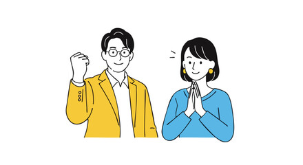 Joyful business partners celebrating success with raised fist and grateful gesture, teamwork achievement