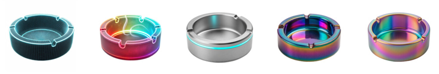 Modern ashtray designs showcasing vibrant holographic, metallic, and wireframe aesthetics for stylish interiors and commercial spaces.
