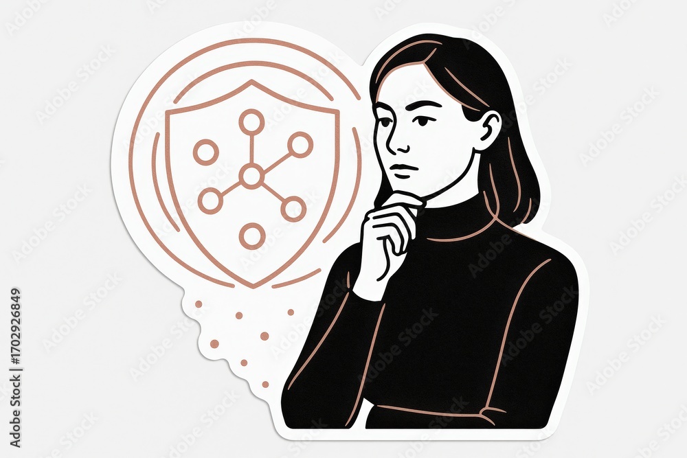 Poster thoughtful woman contemplating cybersecurity strategies surrounded by abstract shield graphics repre