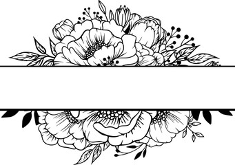 Black and White Floral Frame. Hand-Drawn Floral Border. Vector Graphic Element.
