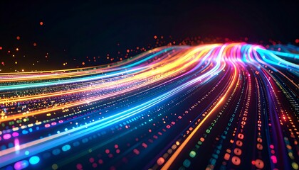 Vibrant trails of light weave across a dark background, suggesting data flow and digital communication. Abstract, colorful, dynamic