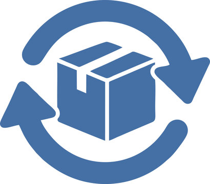 Vector icon of a cardboard box with circular arrows representing product returns, order exchange, and recurring delivery services