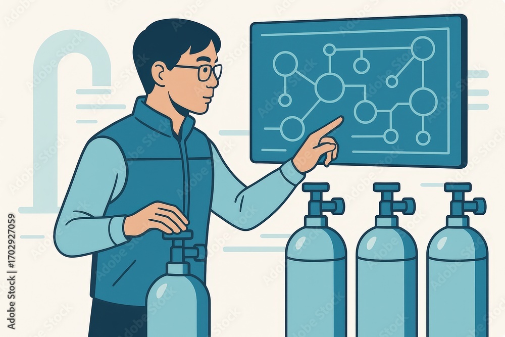 Poster a focused professional analyzing data on a digital display while standing next to several gas cylind