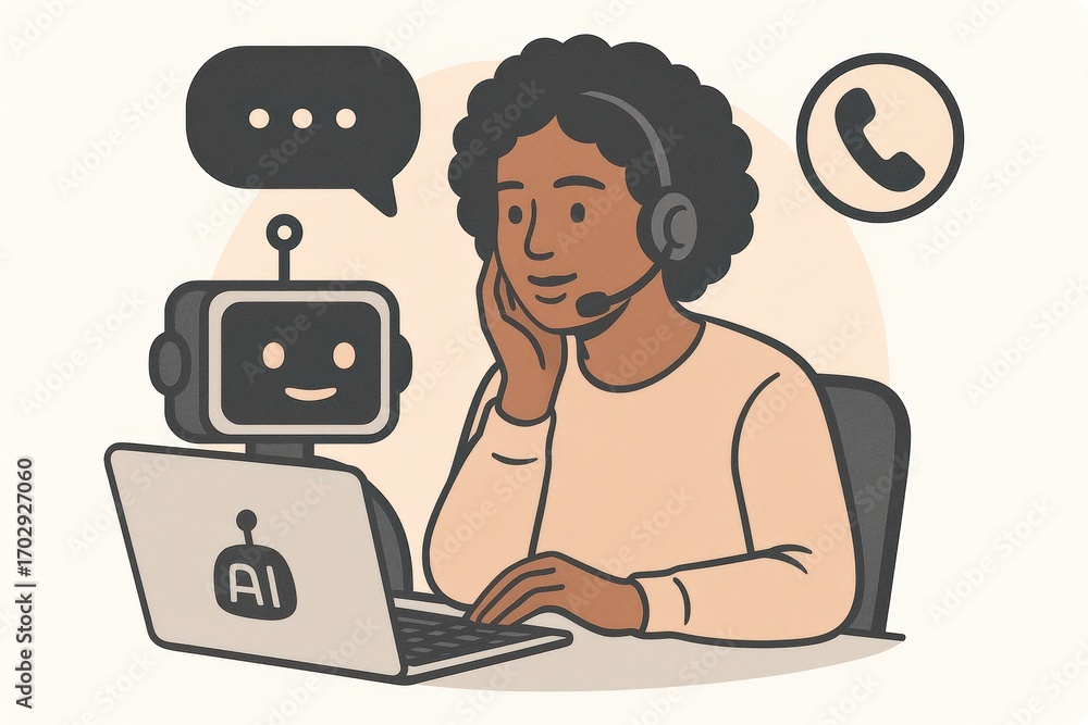 Poster Friendly customer service representative engaging in an interaction with an AI chatbot showcasing modern technology and human communication blending harmoniously in a digital workspace