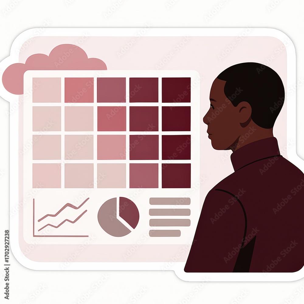 Poster insightful black man analyzing data on a digital screen displaying color palettes and analytics emph