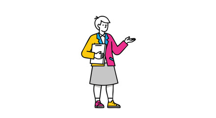 Dynamic professional woman presenting ideas with confidence, holding documents, modern business style