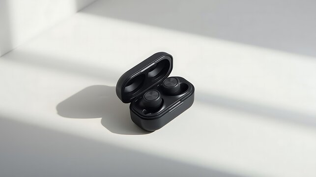 Wireless earbuds in charging case on neutral background, minimalist composition