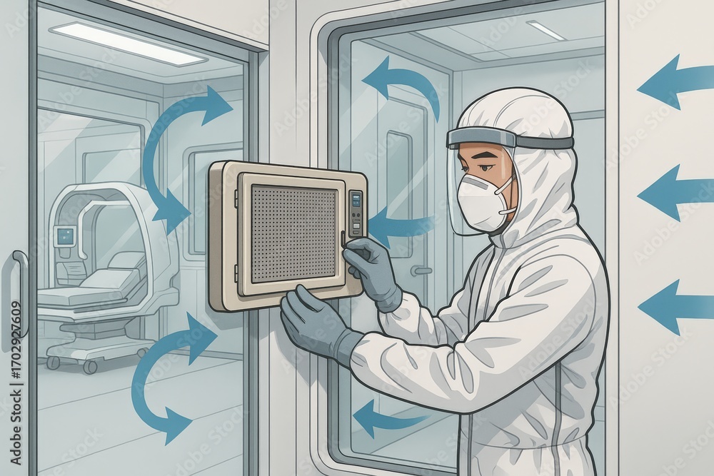 Poster expert technician in protective attire adjusting advanced ventilation system while monitoring patien