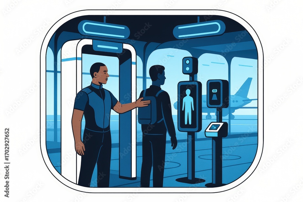 Aufkleber modern airport security checkpoint displaying advanced biometric technology, featuring efficiency wi