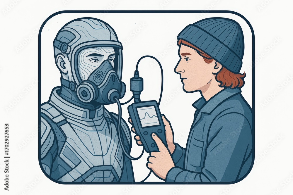 Poster Technician monitoring vital data from a futuristic spacesuit while analyzing environmental parameters and ensuring astronaut safety during high-risk missions captured with clarity