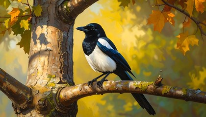 Magpie Bird perched on Tree Branch amidst Autumnal Foliage in Sunlight