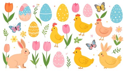 Colorful Easter illustration with eggs, bunnies, chickens, tulips, and butterflies