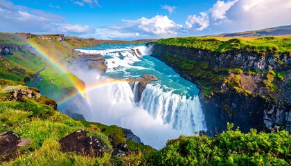 Majestic waterfall cascading through a verdant landscape with a vibrant rainbow