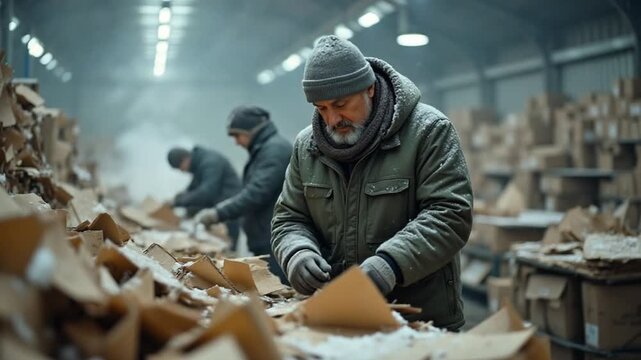 Workers sorting cardboard in a snowy warehouse for recycling and reuse process