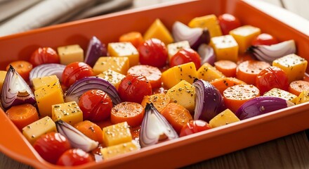 Colorful roasted vegetable medley in orange baking dish offering healthy and nutritious food