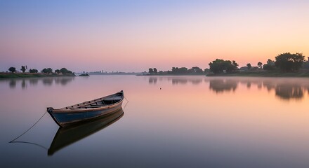 Fototapeta premium A lone boat on the serene Keenjhar Lake in Sindh at sunrise, a peaceful and non-famous travel destination Authentic & Diverse Photography