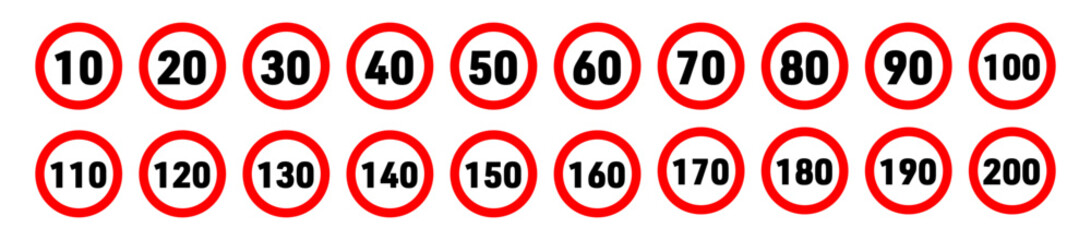 Speed Limit Signs Collection Isolated on White Background