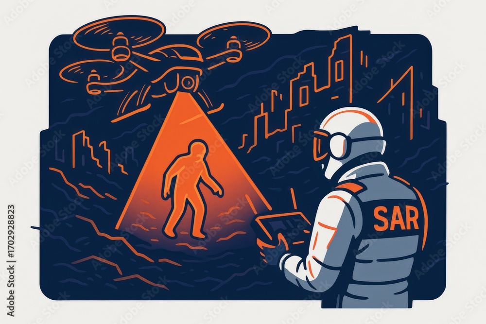 Poster innovative search and rescue technology deployed at urban disaster scene with advanced drone assisti