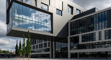 Obraz premium Contemporary architectural marvel, showcasing innovative design and urban integration on a cloudy