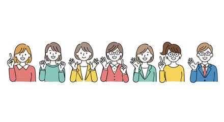 Diverse group of professionals smiling and gesturing positively in a modern, clean style