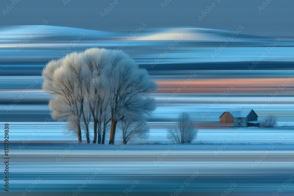 Poster serene winter landscape with frosted trees creating a tranquil scene showcasing a rustic wooden barn