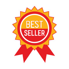 Best seller badge vector icon in yellow and red for marketing, promotion, online store highlights, product labels, and retail branding. Perfect for stickers, web banners, and advertisements.
