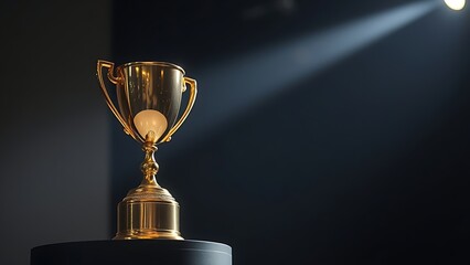 Glistening gold trophy under spotlight, symbolizing achievement and excellence.