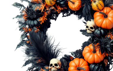 Creative Spooky Wreath Made with Dark Feathers and Pumpkin Decorations for Holiday Celebration isolated on transparent background PNG
