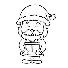 Cute black and white Christmas illustration of smiling Santa holding gift box with bow creating joyful holiday feeling