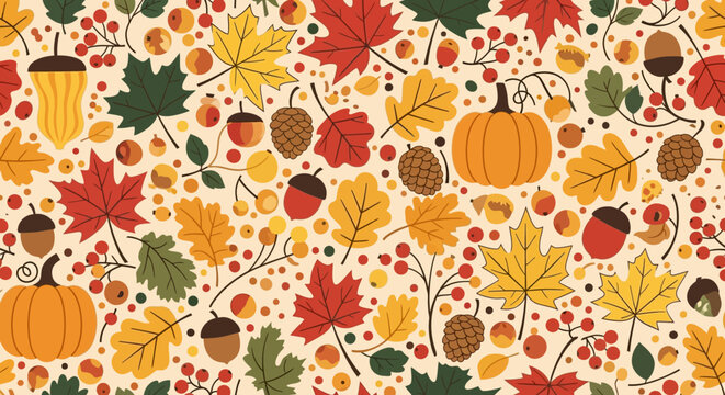 A vibrant seamless pattern celebrating the autumn season with colorful fall leaves, festive pumpkins, acorns, and pinecones for a harvest festival background