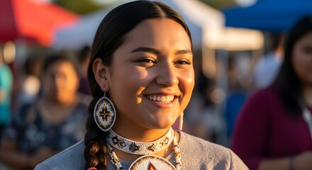 Smiling Indigenous woman in traditional regalia at a cultural event.