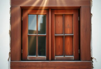 Aged wooden window frame, rich patina, velvet drapes, sunlight streams through, texture, wooden