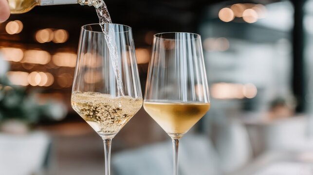 fine. Two elegant wine glasses being filled in a softly lit, blurred restaurant setting. bar promotions, beverage menus, designed for food & beverage menus and cafe branding.