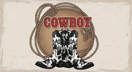 Cowboy Boots and Lasso Graphic with Western Theme.