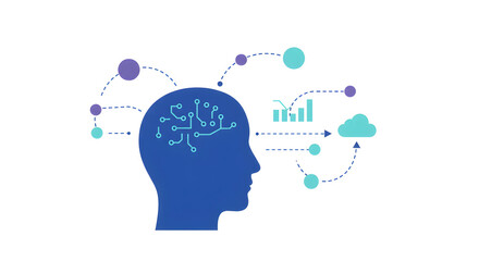 AI・DXと未来のテクノロジー概念イラスト - 頭部とデジタルネットワークのフラットアイコン