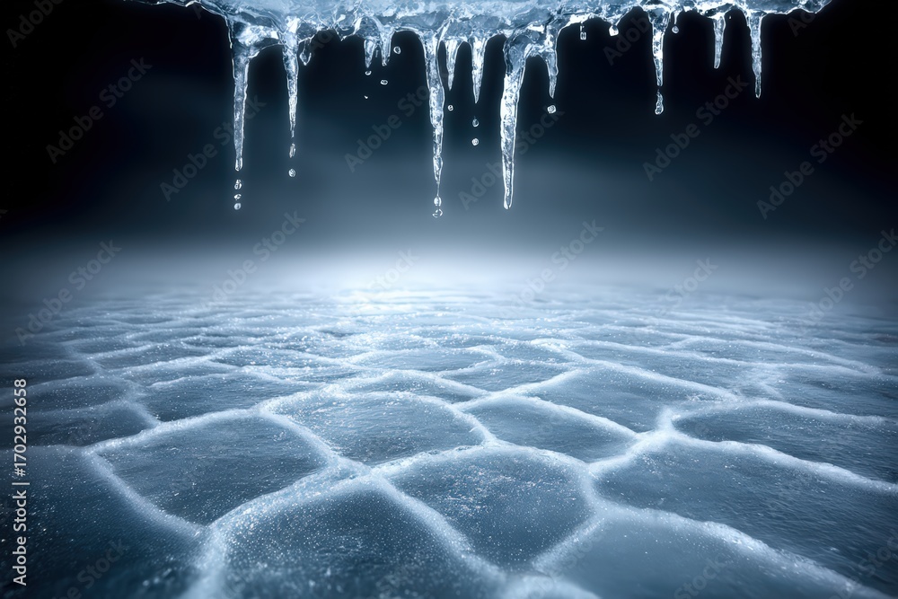 Poster ice structure with glistening droplets reflecting light creating a tranquil, serene atmosphere showc