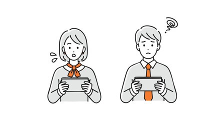 Confused coworkers react to surprising news on tablet, expressing worry and shock